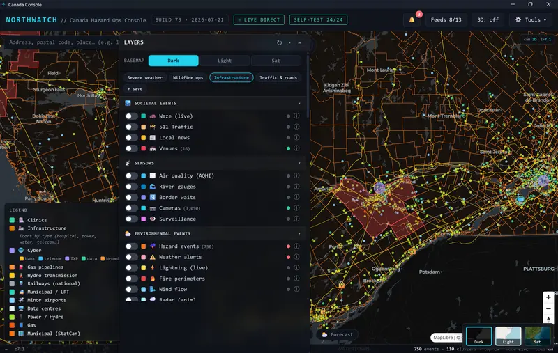 NorthWatch infrastructure preset with the layers panel open and a legend of infrastructure and cyber asset categories