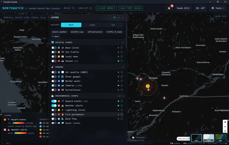 NorthWatch console with the layers panel open listing societal, sensor, and environmental layers beside a live hazard map of Ontario and Quebec