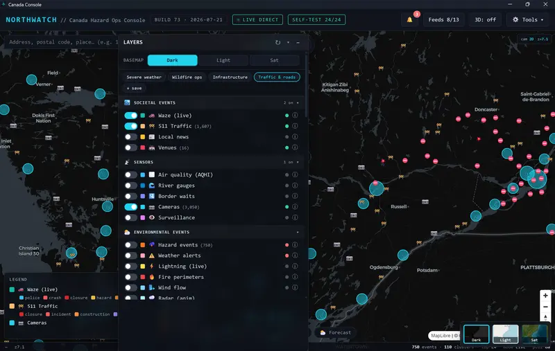 NorthWatch traffic preset showing road closure and construction icons across Eastern Ontario with the societal events layers enabled