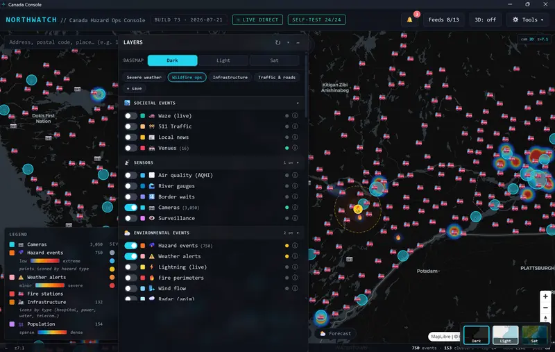 NorthWatch wildfire operations preset showing fire station icons across the map with camera density heatmaps and a hazard legend