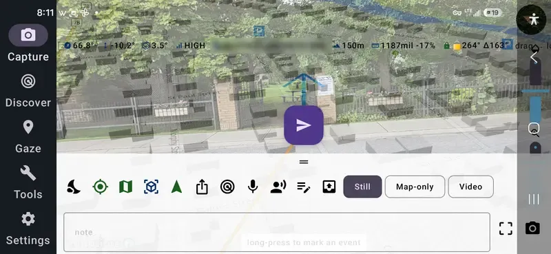 xGaze AR capture view of a park entrance with map overlay and the capture toolbar showing Still, Map-only, and Video modes