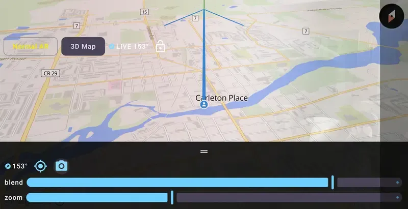 xGaze 3D map gaze mode showing a tilted map of Carleton Place with a view cone and blend and zoom sliders