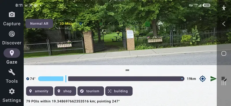 xGaze Gaze mode over a park scene with a bearing slider, range control, and POI category filters for amenity, shop, tourism, and building