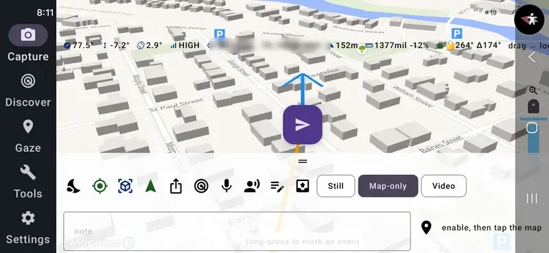 xGaze map-only mode showing tilted 3D extruded buildings with a blue direction arrow marking the operator’s bearing